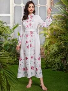 Al Najma Women's Stand Collar Flower Printed Long Sleeve Single Breasted Dress - White - View 4