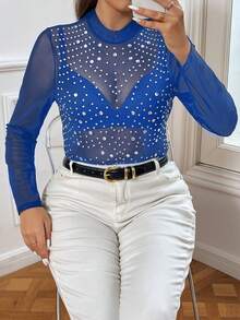 SHEIN Privé Kích thước lớn Của phụ nữ Viễn cảnh Lưới Áo Với Pha lê Chi tiết - Xanh đậm - Xem 4