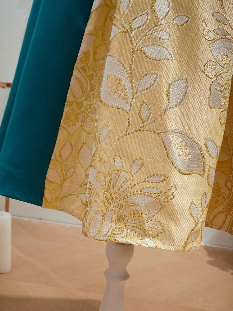 Tween Girls' Woven Dress With Floral Jacquard And Color Block Design, Cap Sleeve And Gathered Waistline