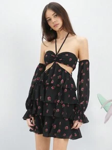 Enchnt Vestido De Mujer De Corte Ajustado Con Cuello Halter Y Huecos - Negro - Ver 5