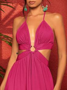 Travachic 女士空心腰高分割吊帶連衣裙 - 玫紅色 - 查看 4