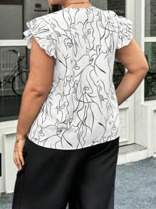 SHEIN Essnce 大码女式新款时尚通勤优雅休闲线条印花荷叶边宽松盖袖夏季衬衫 - 黑與白 - 查看 2