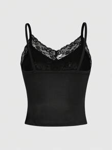 ROMWE Vintage Black Gothic-Inspired Short Camisole Top With Vine Patterns, Rhinestone Collar, Lace Trim And Gathered Waist For Ladies - Black - View 2