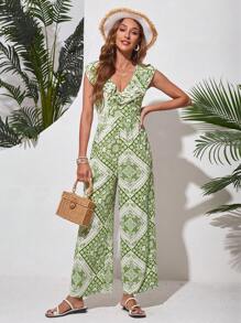 GENKIRA Printed Deep V-Neck Jumpsuit With Ruffled Hem On Neckline And Wide Leg - Green - View 7