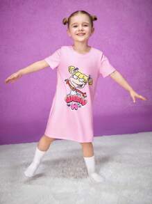 Nick 90s X SHEIN Young Girl Cute Round Collar Straight Fit Sleepwear Dress
