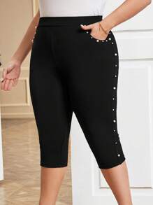 SHEIN Clasi Kích thước lớn Của phụ nữ Dệt kim Trân châu Trang trí Gầy Capri Xà cạp - màu đen - Xem 2