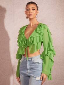 SHEIN BAE Solid Color Sweet Elegant V-Neck Tie Front Ruffle Hem Sheer Blouse With Flare Sleeves For Summer - Green - View 4