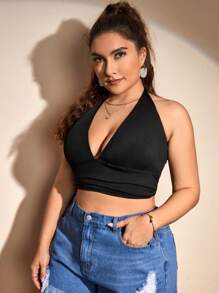 SHEIN Swim Curve Summer Beach Plus Solid Halter Bikini Top - Black - View 4