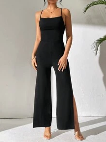 SHEIN PETITE Solid Color Sleeveless Open Back High Slit Wide Leg Jumpsuit - Black - View 2