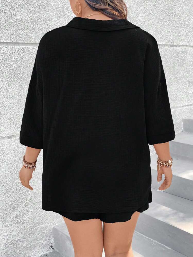 Plus Size Women's Solid Color Button Front Half Placket Top And Shorts Set