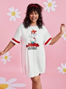 HELLO KITTY AND FRIENDS | SHEIN Plus Size Summer Drop Shoulder Cartoon Letter Pattern T-Shirt Dress - White - View 7