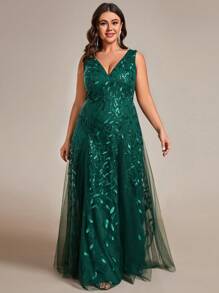 Vestido formal con cuello en V profundo, contraste de color con lentejuelas y malla - Verde Oscuro - Ver 4
