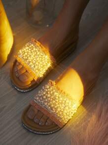SHUZIA Women's Fashion Rhinestone & Faux Pearl Decor Flat Sandals