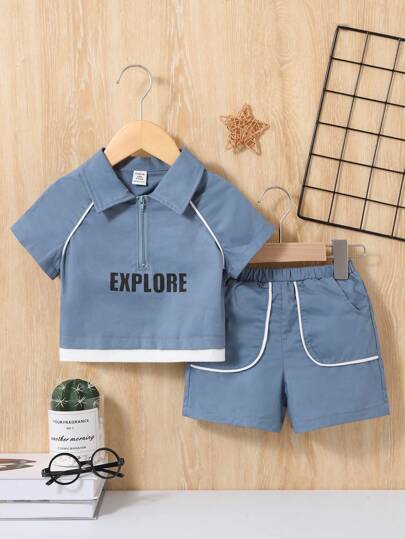 SHEIN 嬰兒男童鬆身色塊半扣短袖襯衫和短褲套裝,適用於戶外休閒,春夏季節