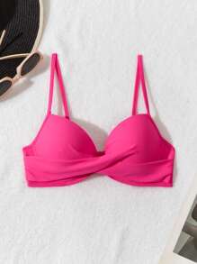 SHEIN Swim Màu thuần Cổ chữ V Áo bikini dây đeo cổ - Màu Hồng Tươi - Xem 4
