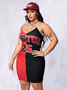 SHEIN Coolane Plus Two Tone Letter Graphic Halter Dress - Multicolor - View 5