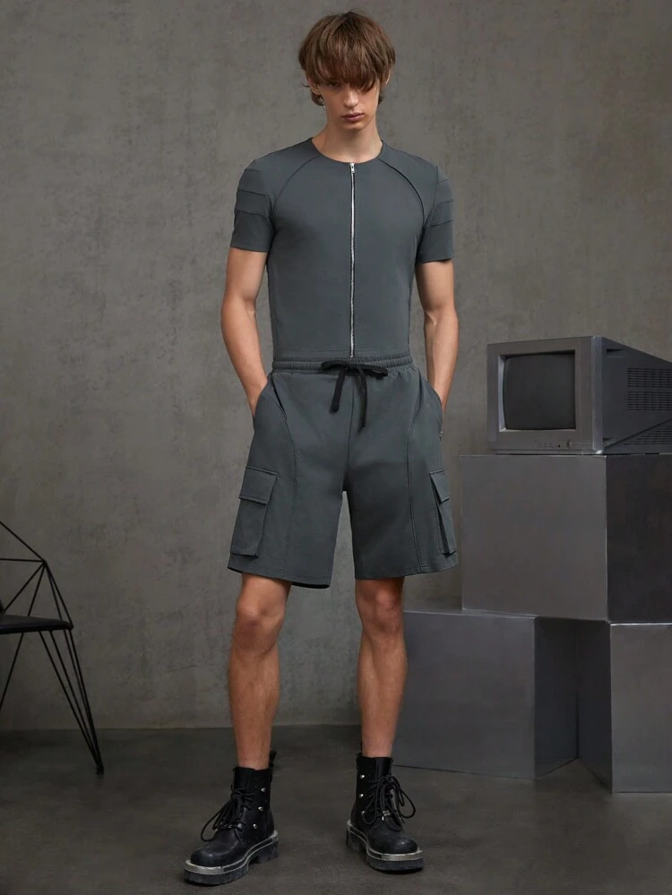 Men's Zipper Front Cropped Top And Shorts Casual 2pcs/Set