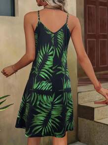 無袖熱帶植物印花裙 - 綠色 - 查看 2