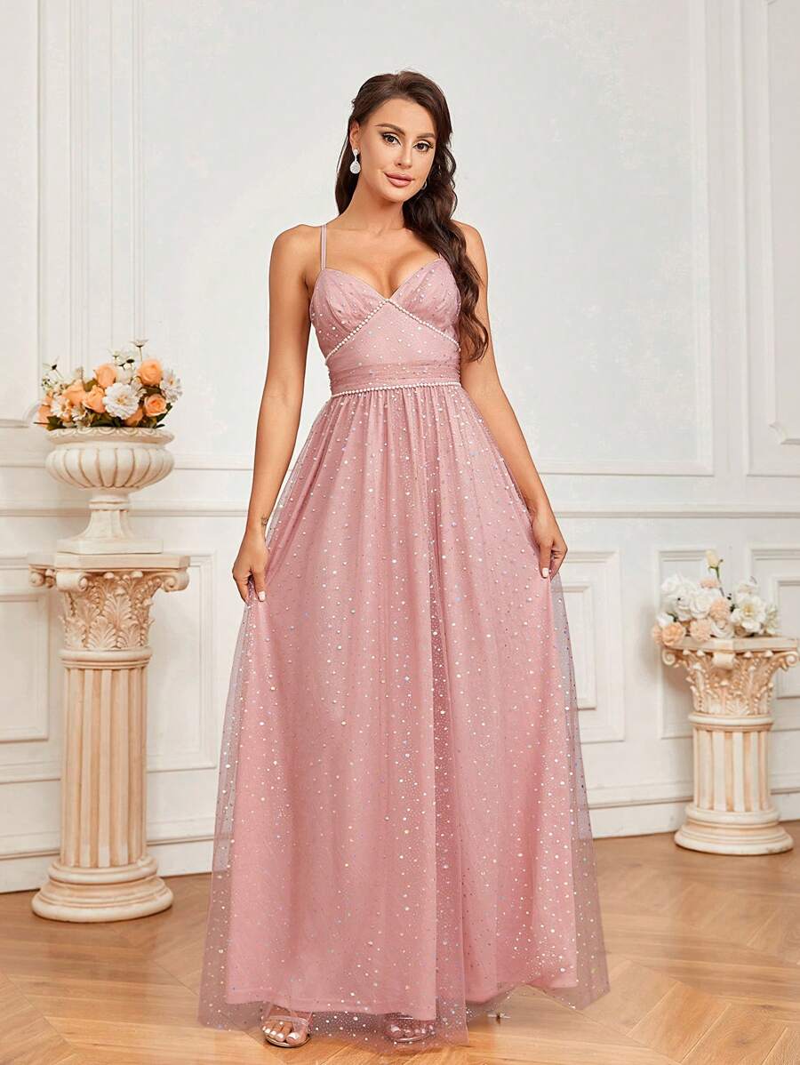 SHEIN Belle Váy phù dâu Với Lung linh Long lanh Lưới , Eo Ruched , Kết cườm Đồ trang trí Và Dây đai - Bụi hồng - Xem 1