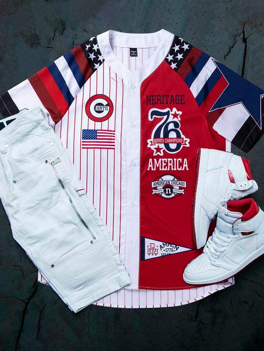 Manfinity Roghcode Men's Colorblocked Button-Front Shirt With Letter And Flag Print