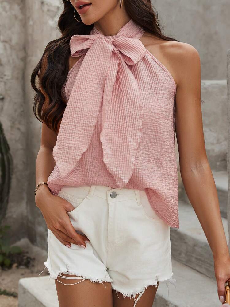 Solid Texture Knotted Front Sleeveless Shirt