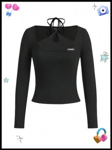 SHEINNeu Dopamina Zabawa  Prążkowana Dzianina Koszulka  Y2K Grunge Lato Lato