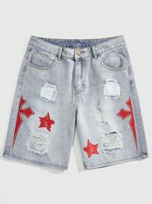 ROMWE MEN Goth Men's Cross Printed Distressed Denim Shorts, Suitable For Daily Wear In Spring And Summer, School - Light Wash - View 1