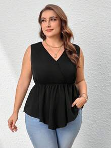 SHEIN Privé Áo Sơ Mi Cổ Chữ V Màu Trơn Thanh Lịch Plus Size Với Viền Bất Đối Xứng, Thích Hợp Cho Công Sở Và Trang Phục Hàng Ngày - màu đen - Xem 3
