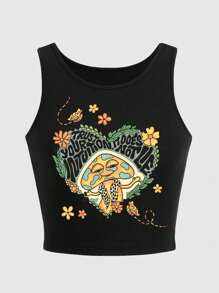 Atosha Fairycore Mushroom Print Ribbed Tank Top With TRUST YOUR INTUITION IT DOES NOT LIE Print, For School - Black - View 1