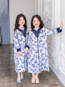SHEIN Ramadan YOUNG Girl  Floral Lace Collar Long Sleeve Long Dress