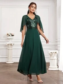 SHEIN Belle Kim sa Vá lại Cổ chữ V Vòng eo đế chế Váy phù dâu - màu xanh lá - Xem 3
