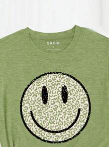 INAWLY 女性豹紋和臉部圖形圓領短袖t卹 - 青檸色 - 查看 4