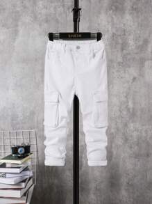 SHEIN Young Boy High Stretch White Jeans With Cargo Pocket - White - View 1