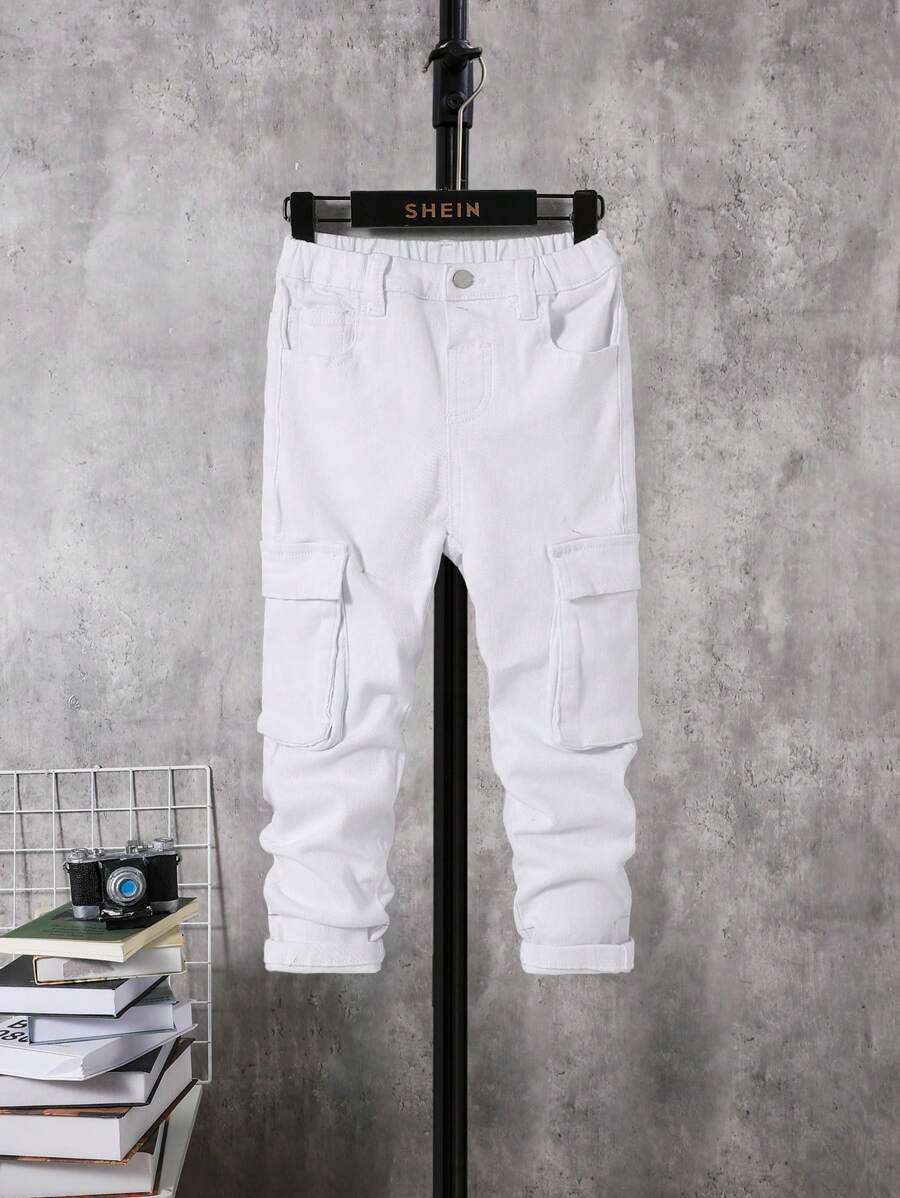 SHEIN Young Boy High Stretch White Jeans With Cargo Pocket - White - View 1