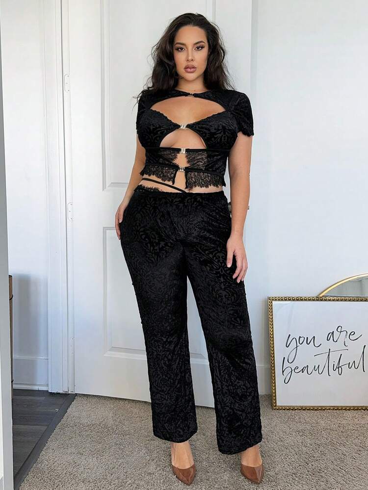 Plus Size Elastic Waistband Lace Detail Straight Leg Pants For Casual Wear