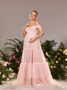 Faeriesty Đầm dự tiệc lưới bèo nhún hở vai cho bà bầu Dressalisa - Bụi hồng - Xem 7