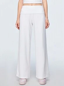 SHEIN Qutie Của phụ nữ Trắng Eo thấp Rộng chân Quần Với Gấp lại Dây thắt lưng - trắng - Xem 1