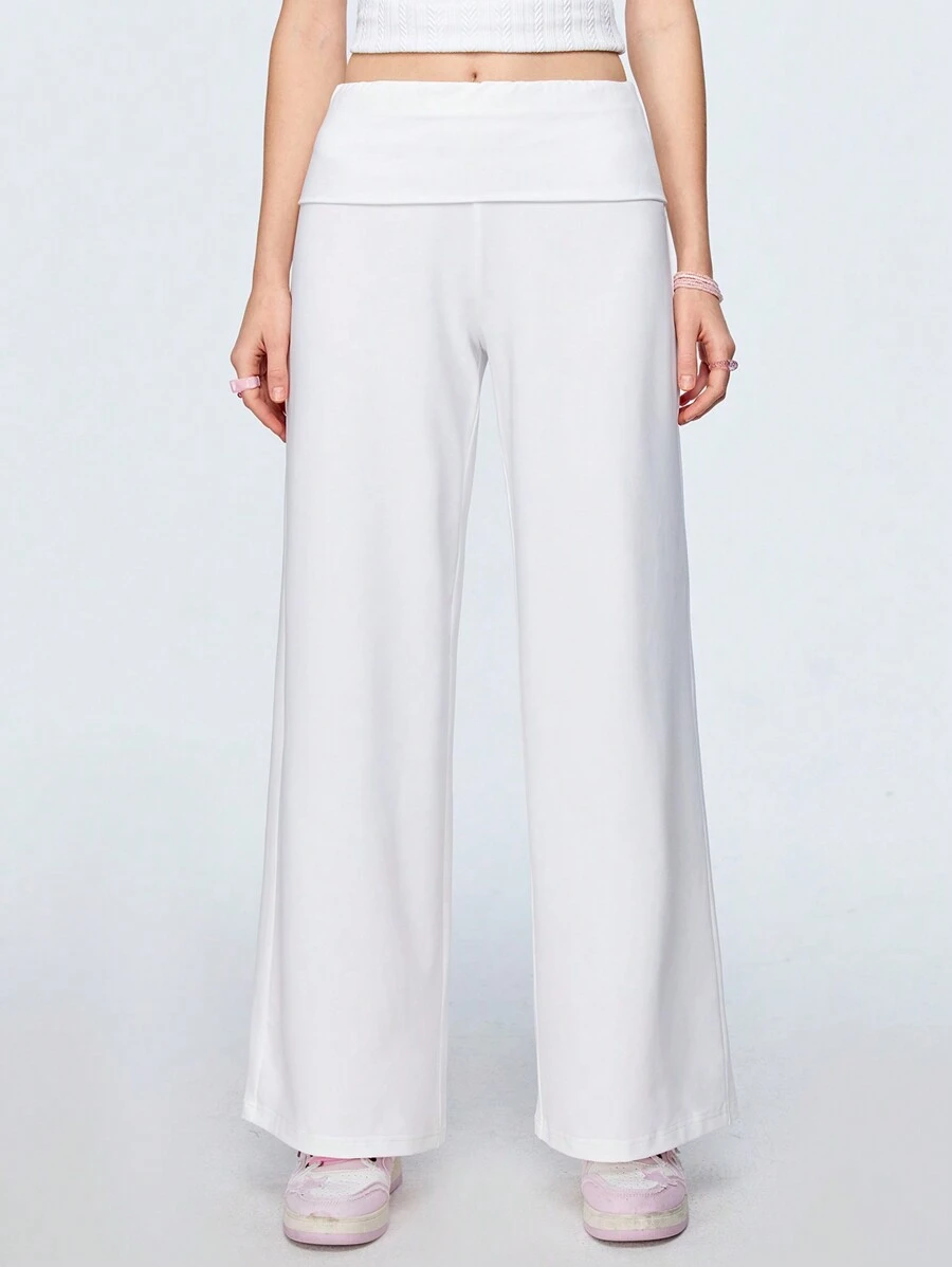 SHEIN Qutie Của phụ nữ Trắng Eo thấp Rộng chân Quần Với Gấp lại Dây thắt lưng - trắng - Xem 1