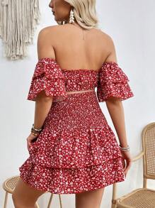 SHEIN Maternity Floral Off-Shoulder Top And Ruffle Hem Skirt Two-Piece Set - Burgundy - View 2