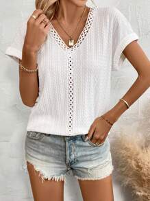 SHEIN LUNE V-Neck Lace Patchwork Batwing Sleeve T-Shirt - White - View 6