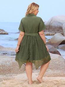 EMERY ROSE 大码网眼撞色纽扣门襟短袖连衣裙 - 軍綠色 - 查看 2