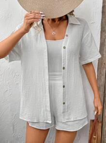 SHEIN Frenchy 女士纯色落肩短袖衬衫和短裤套装夏季两件套服装 - 白色 - 查看 5