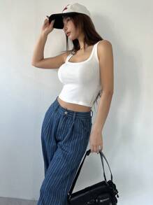 DAZY Camiseta de tirantes ajustada y corta de unicolor para mujer, para verano