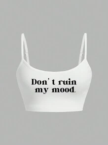 SHEIN Qutie 休闲口号图案性感短款吊带背心，女式合身，适合夏季 - 白色 - 查看 1