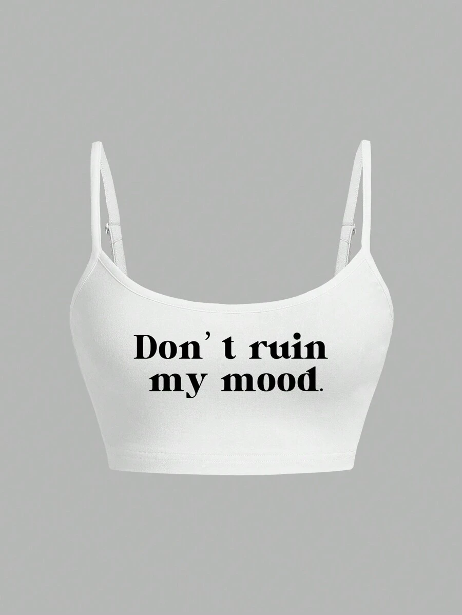 SHEIN Qutie 休闲口号图案性感短款吊带背心，女式合身，适合夏季 - 白色 - 查看 1