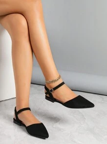 Nuevos zapatos planos de mujer con punta puntiaguda, tacón bajo e imitación de terciopelo en la correa trasera para uso en exteriores - Negro - Ver 6