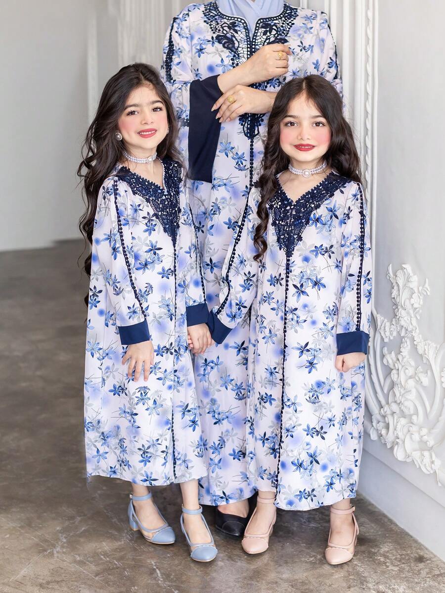 SHEIN Ramadan YOUNG Girl  Floral Lace Collar Long Sleeve Long Dress