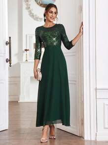 SHEIN Belle 閃亮鋪面的十字背帶露背伴娘禮服 - 綠色 - 查看 5