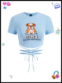 SHEINNeu Dopamine Dễ thương In con chó Dây đai Áo thun Áo - Màu xanh nhạt - Xem 1