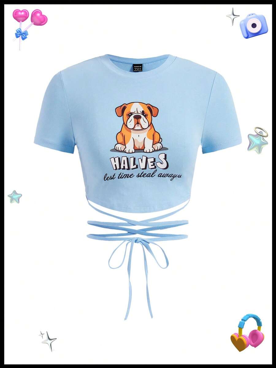 SHEINNeu Dopamine Dễ thương In con chó Dây đai Áo thun Áo - Màu xanh nhạt - Xem 1